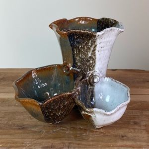 Beautiful Handmade Ceramic Pottery Connected Vessel Desk Organizer Footed Glaze